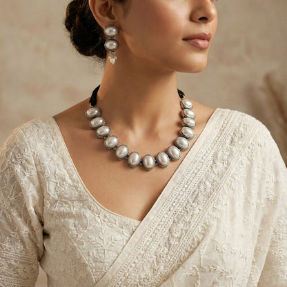 Victorian Grace: Silver Toned Oval Pearls Necklace and Earring Set