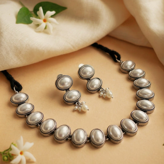 Victorian Grace: Silver Toned Oval Pearls Necklace and Earring Set