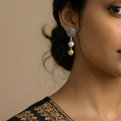 Fusion Drops: White and Golden Pearl Drop Earrings
