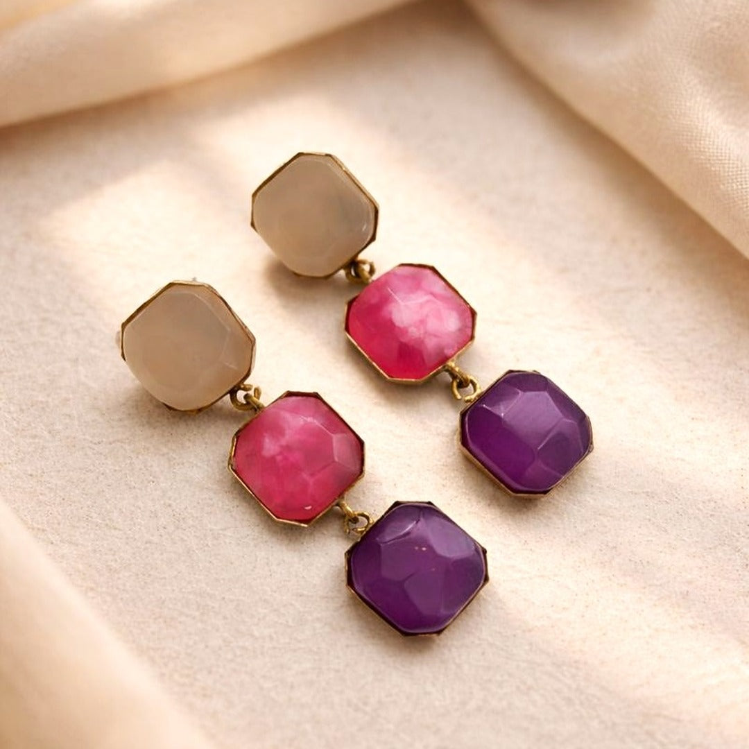 Evara: Tri Color Stone Brass Earrings