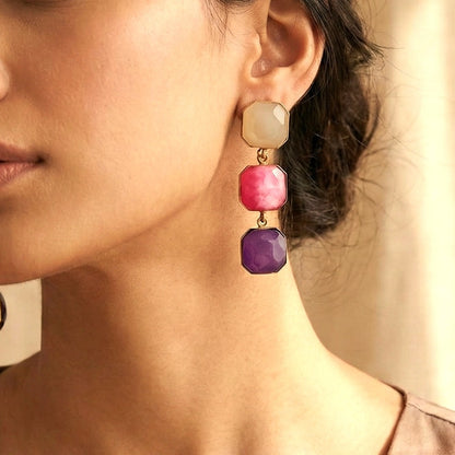 Evara: Tri Color Stone Brass Earrings