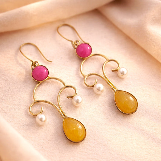 Kaira: Pink and Yellow Stone Brass Dangler Earring