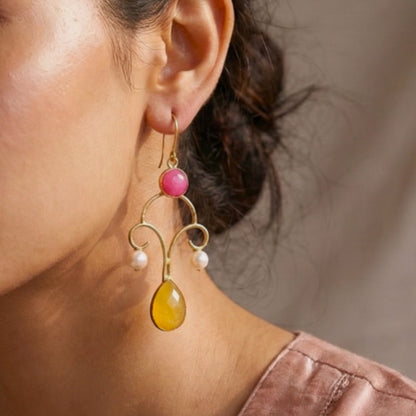 Kaira: Pink and Yellow Stone Brass Dangler Earring