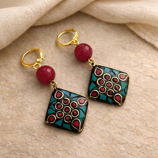 Mosaic Splendor: Square Tibetan Lac Earring