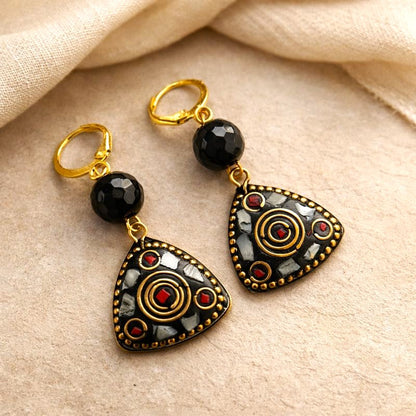 Mosaic Splendor: Triangular Tibetan Lac Earring