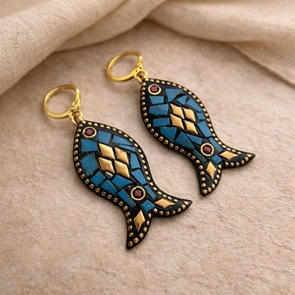 Mosaic Splendor: Fish Shaped Tibetan Lac Earring