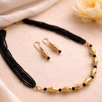 Ananda: Black Bead Layered Dholki Bead Necklace