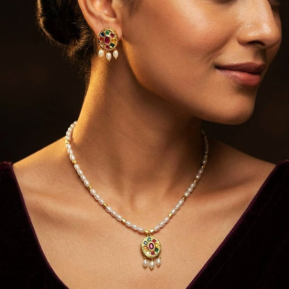 Ojasvi: Pearl Necklace with MultiStone Pendant and Earring Set