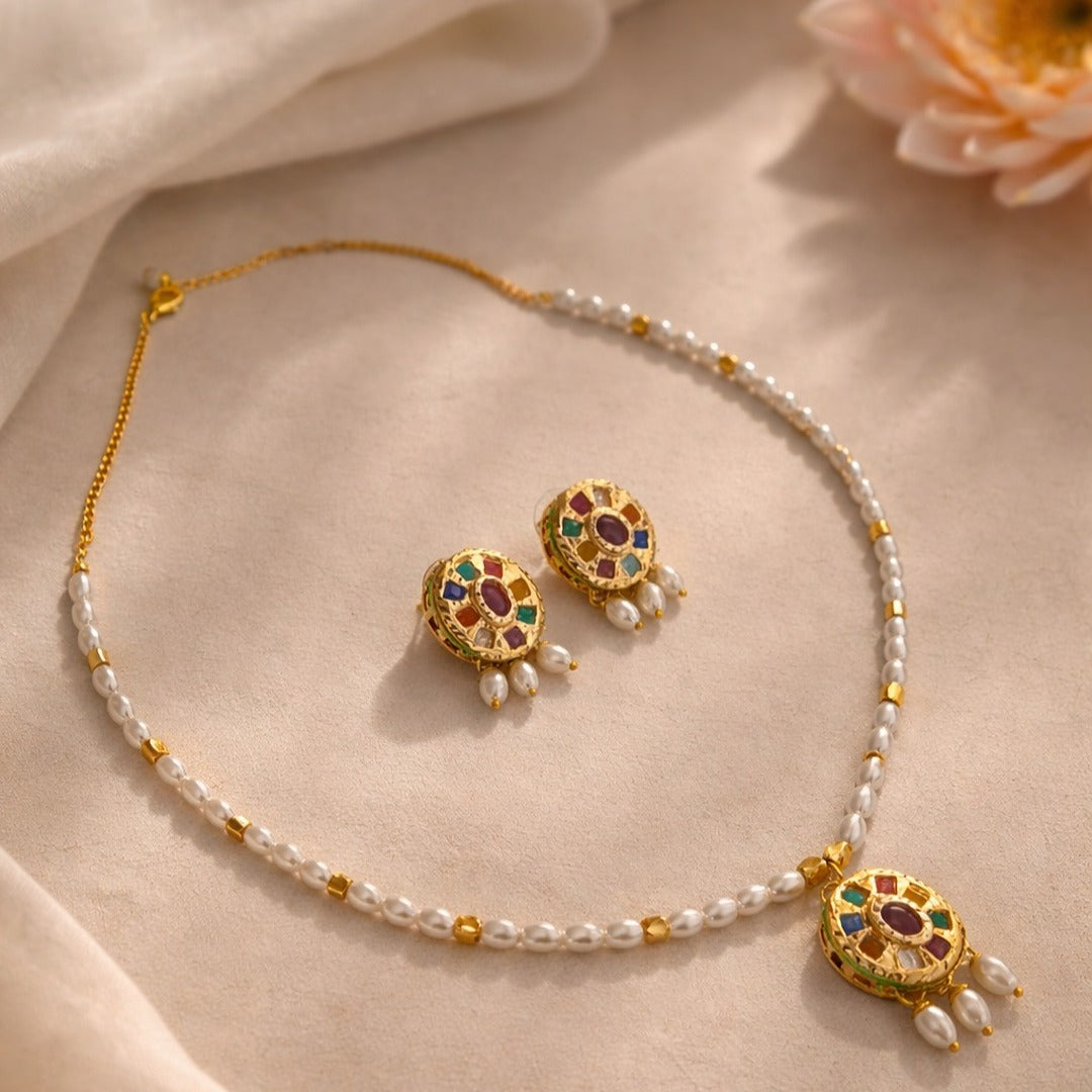 Ojasvi: Pearl Necklace with MultiStone Pendant and Earring Set