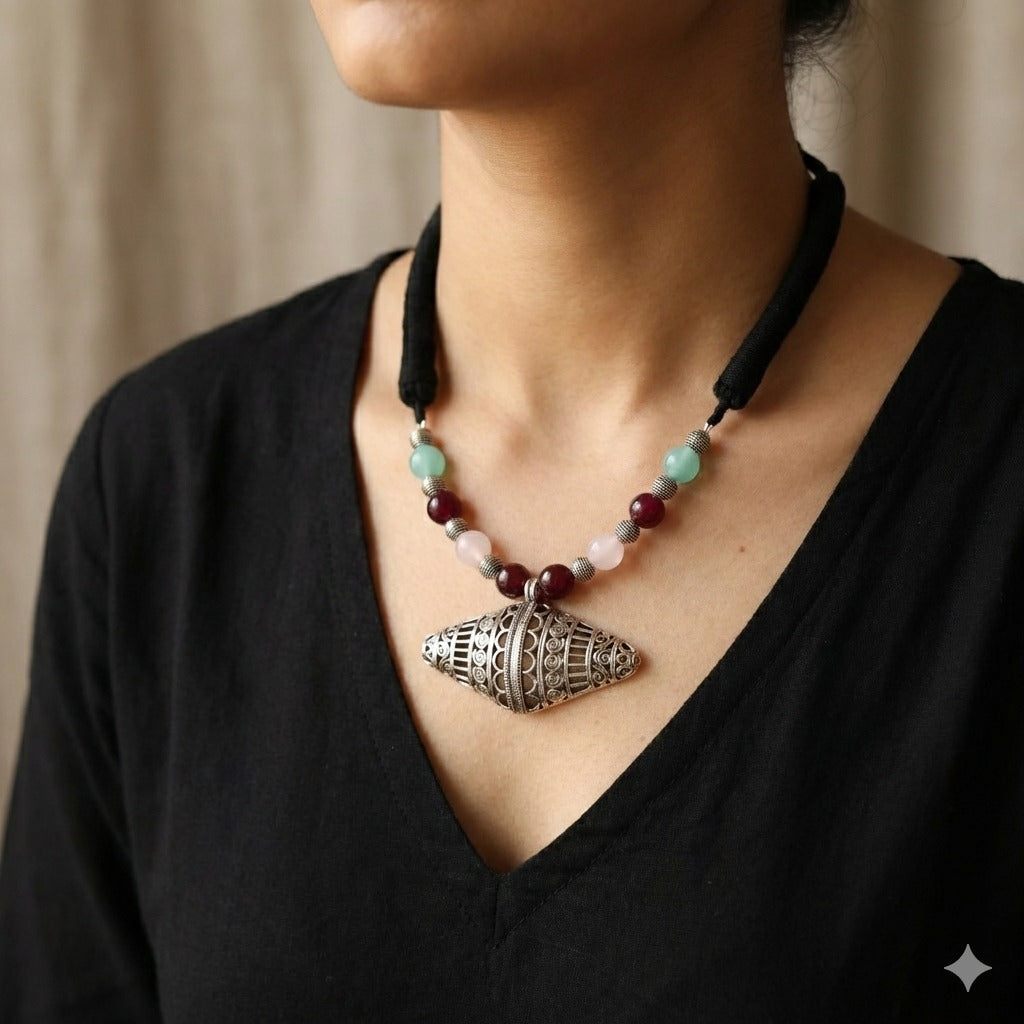 Saanjh: Beaded Silver Toned Pendant and Earring Set