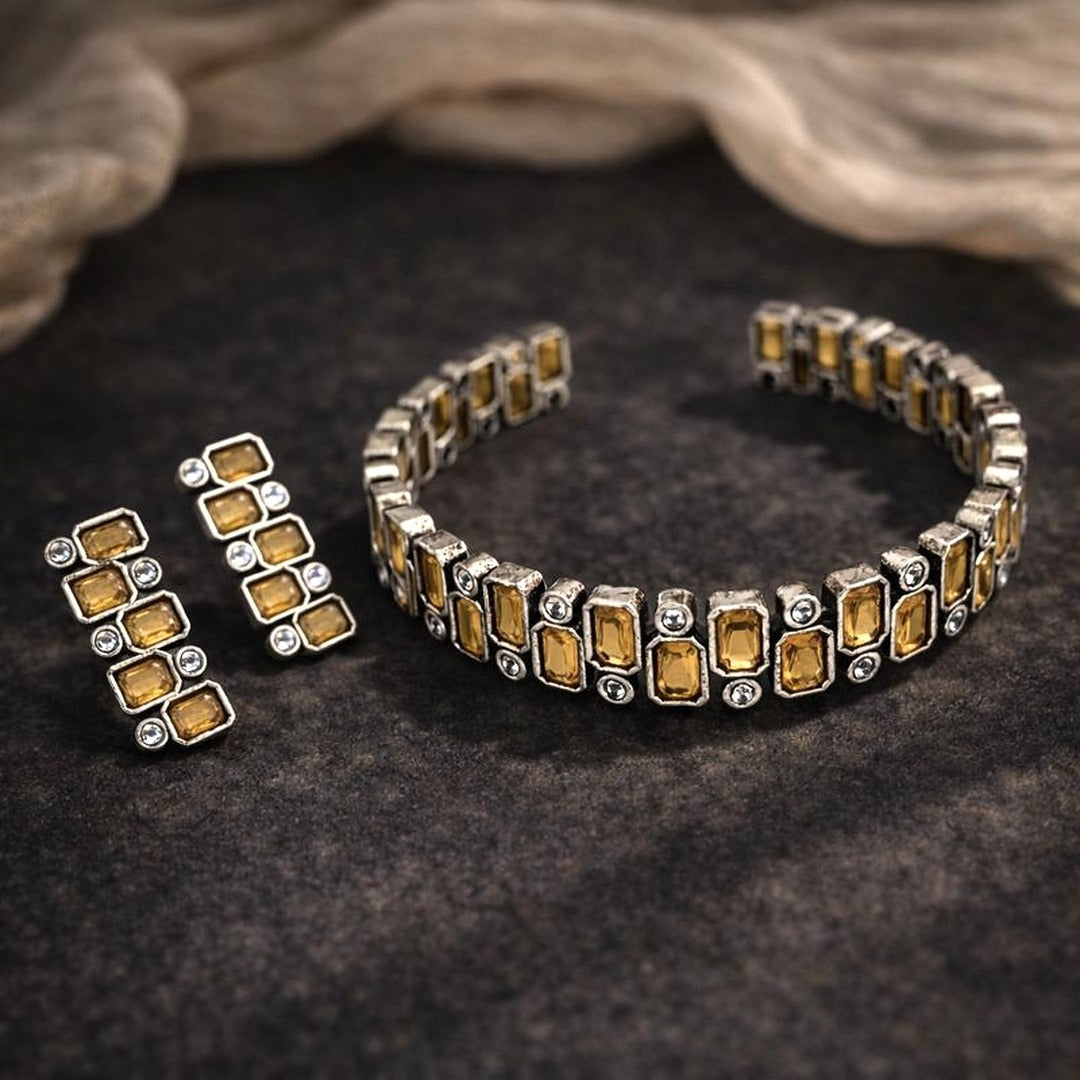 Signature Grid Set: Yellow and White Stone Bracelet and Earring
