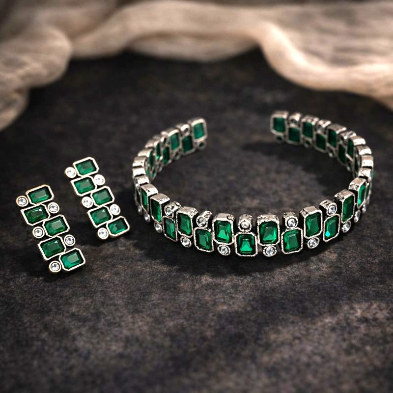 Signature Grid Set: Green and White Sone Bracelet and Earring Set