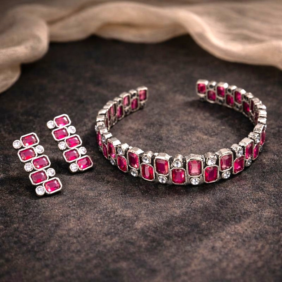 Signature Grid Set: Majenta and White Stone Bracelet and Earring Set