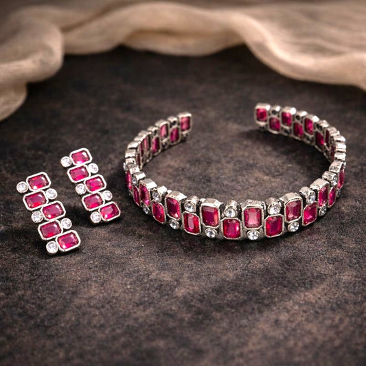 Signature Grid Set: Majenta and White Stone Bracelet and Earring Set