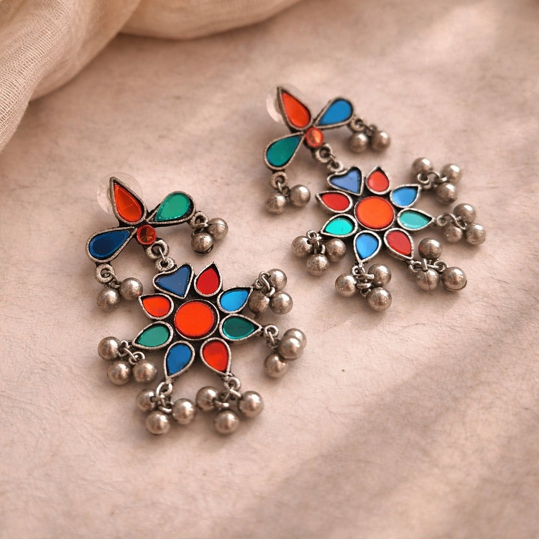 Chromatic Drops: Multicolored Silver Toned Danglers