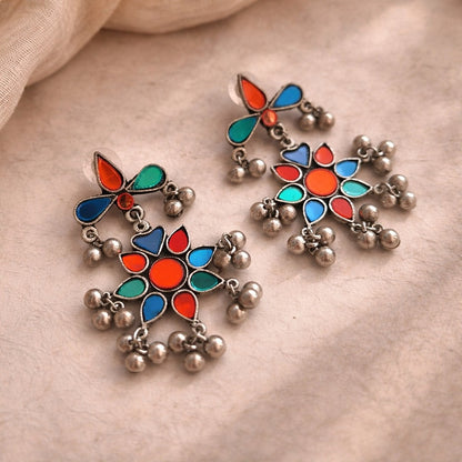 Chromatic Drops: Multicolored Silver Toned Danglers