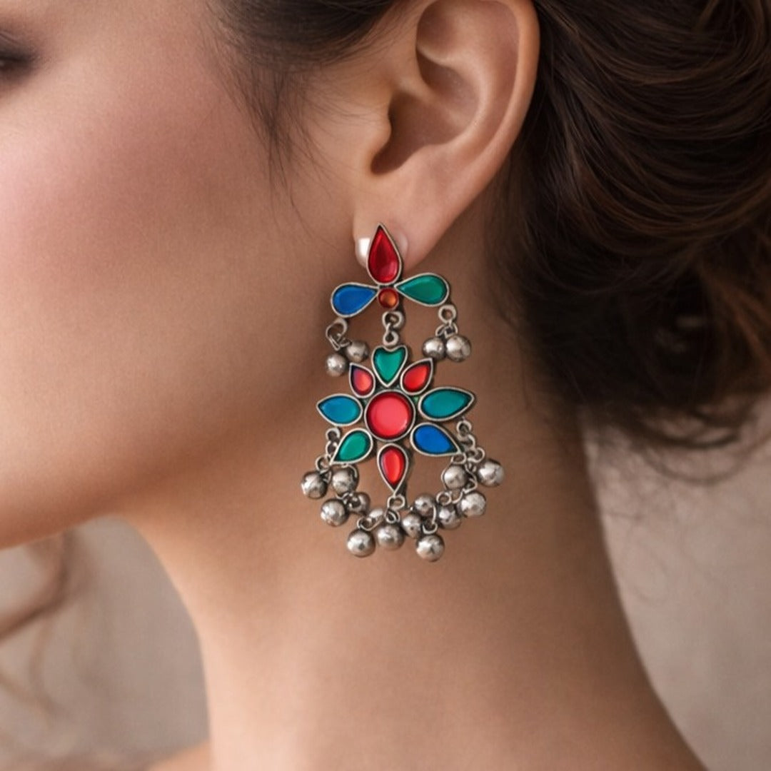 Chromatic Drops: Multicolored Silver Toned Danglers