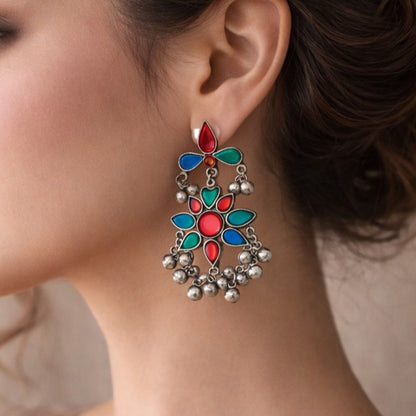 Chromatic Drops: Multicolored Silver Toned Danglers