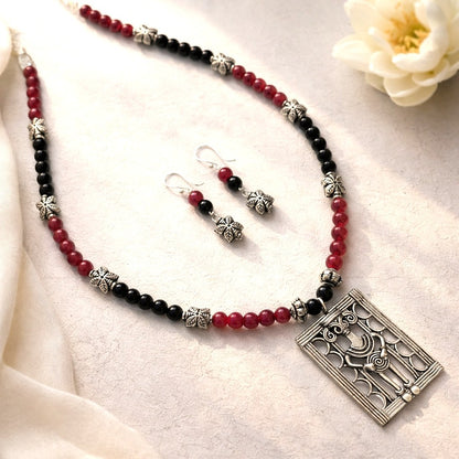 Indie Soul: Red and Black Beaded Necklace with Statement Pendant