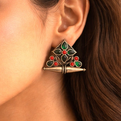 Crowned Square: Emerald Green and Red Silver Toned Earring