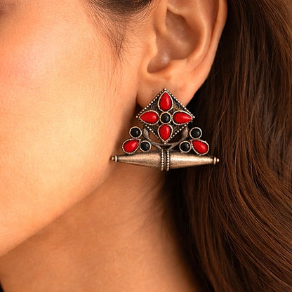 Crowned Square: Coral Red and Black Silver Toned Earring