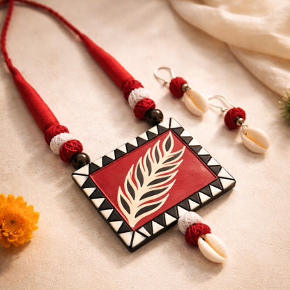 Earthen Leaf: Rectangular Handmade Teracotta Pendant and Earring Set