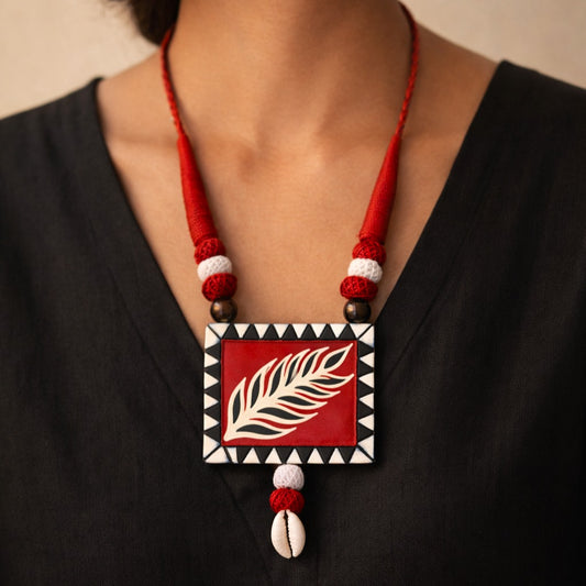 Earthen Leaf: Rectangular Handmade Teracotta Pendant and Earring Set