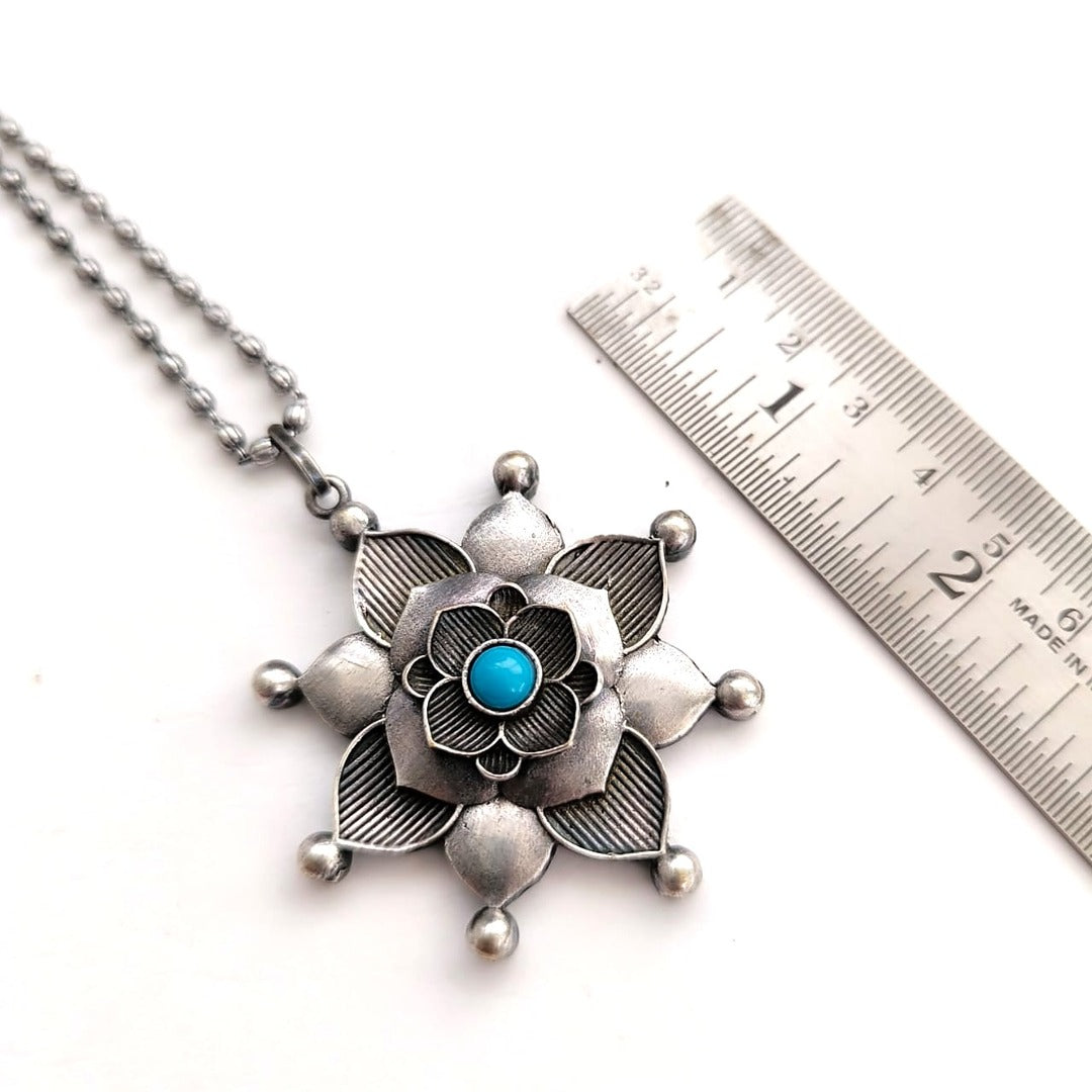 Silver Zenith: Silver Toned Turquoise Stone Pendant and Earring Set