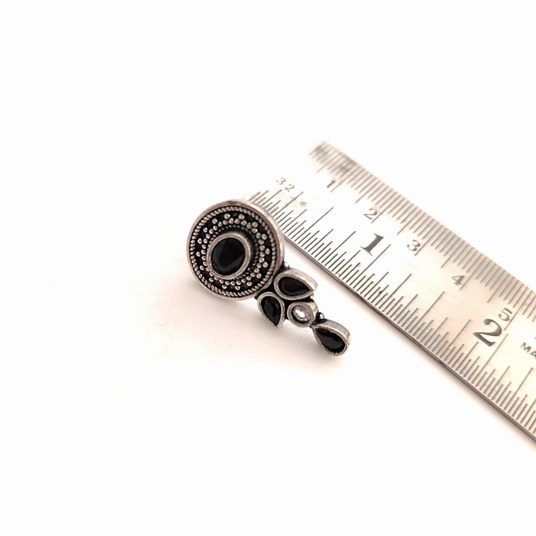 Ziva Drops: Black Stone Silver Toned Earrings