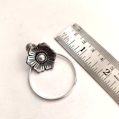 Floral Nimbus: Pearl Bead Silver Toned Stud Earring