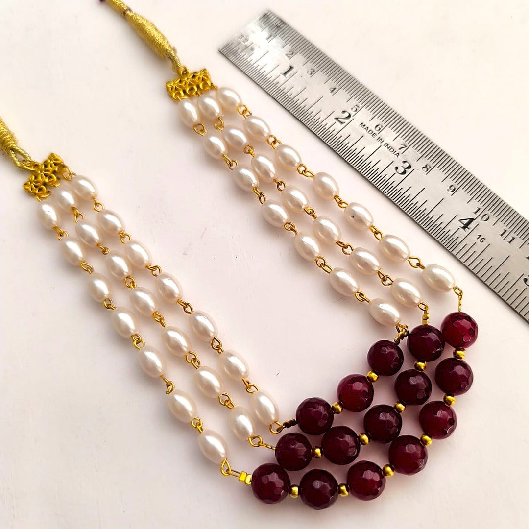 Chandni: Triple Layer Pearl and Ruby Beads Necklace and Earring Set