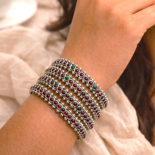 Manjari Stackable Bangles: Silver Toned Green and Pink Stone Bangles