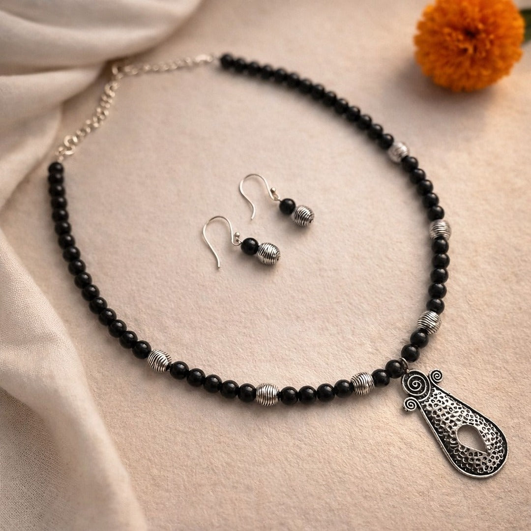 Midnight Empress: Black Beaded Necklace and Earring