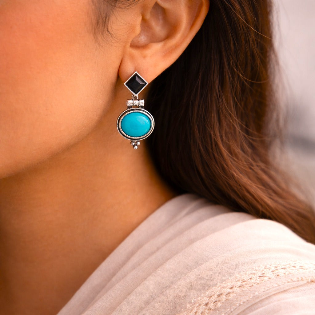 Midnight Turquoise : Silver Toned Stud Earring