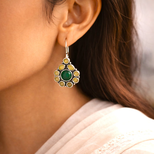 Golden Bloom: Green Stone Silver toned Earring