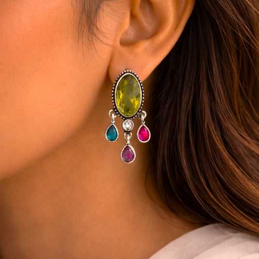 Aurora Drops: Silver Toned Green stone Earring