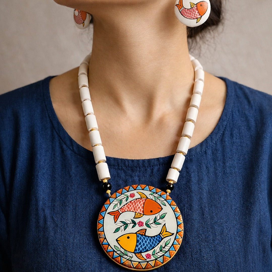 Matsya Vibe: Hand painted Terracotta Necklace and Earring Set
