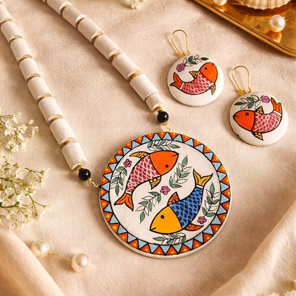 Matsya Vibe: Hand painted Terracotta Necklace and Earring Set