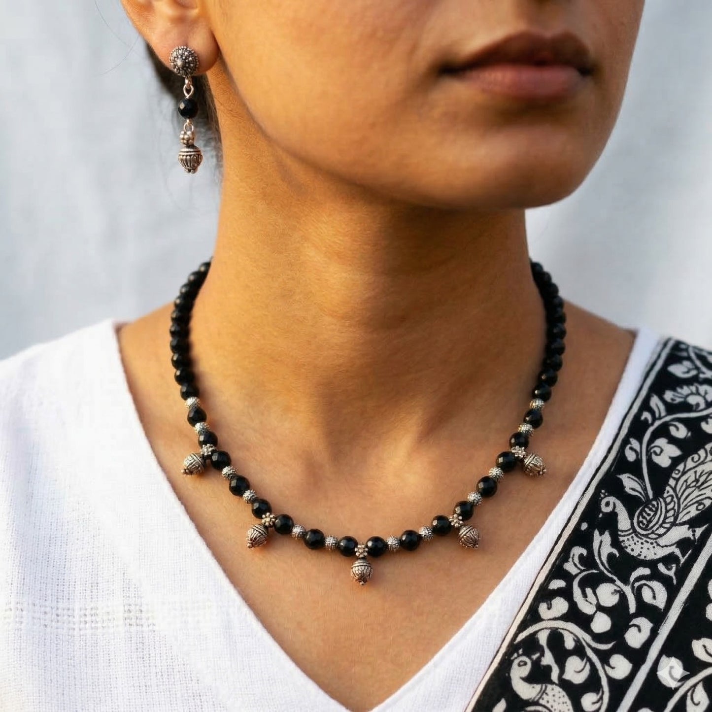 Mridula: Handmade Black Beads Necklace and Earring Set