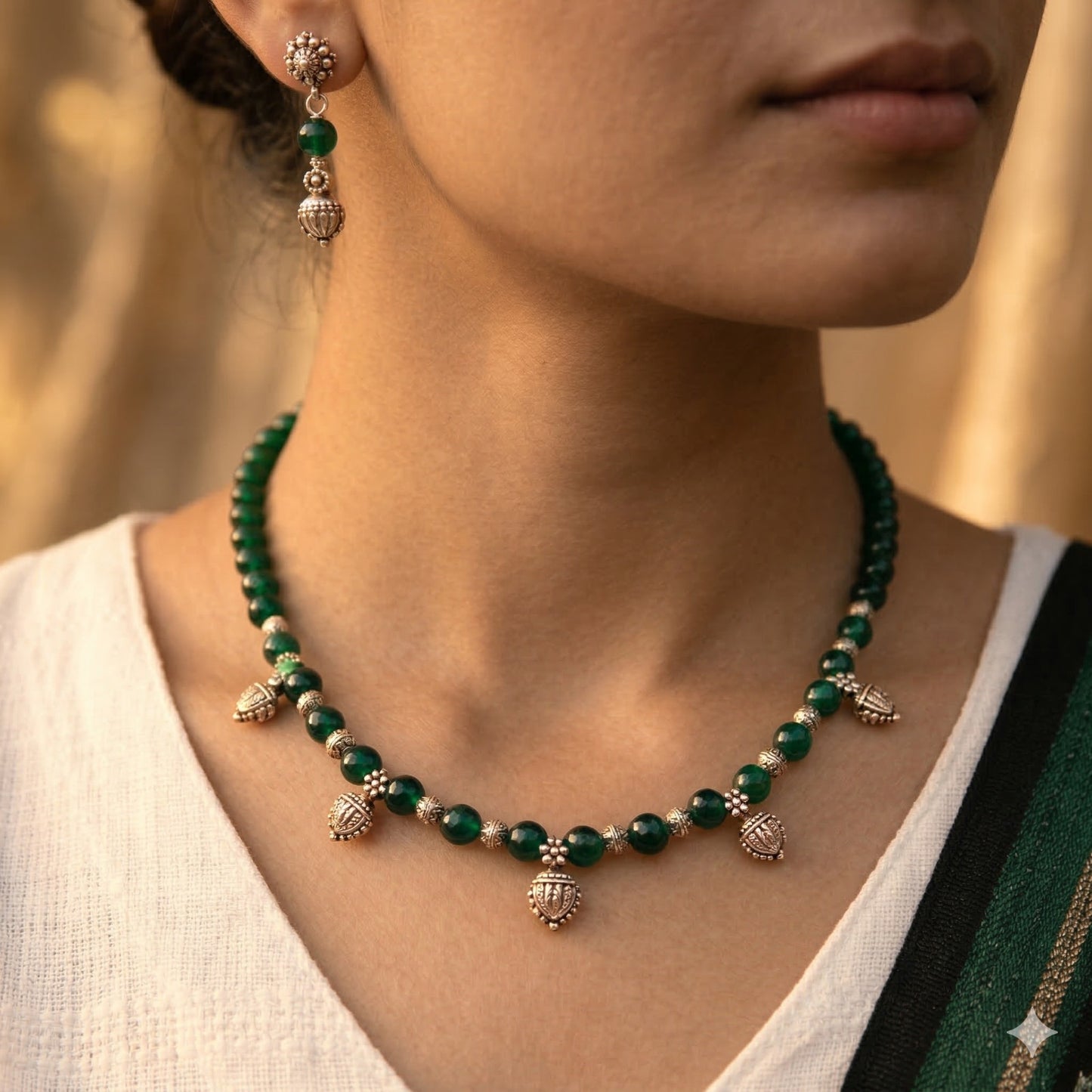 Mridula: Handmade Green Beaded Necklace and Earring Set
