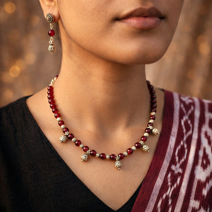 Mridula: Handmade Red Beaded Necklace and Earring Set