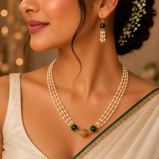 Adaa: Nakshi Pearl Layered Necklace Set With Green Beads