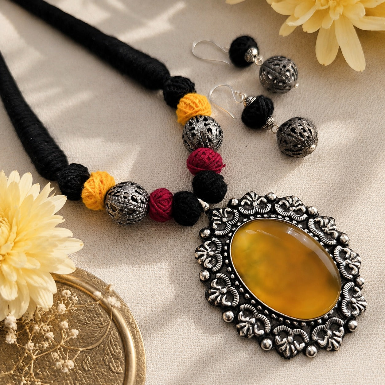 Sunwoven Aura: Natural Yellow Stone Pendant and Earring Set