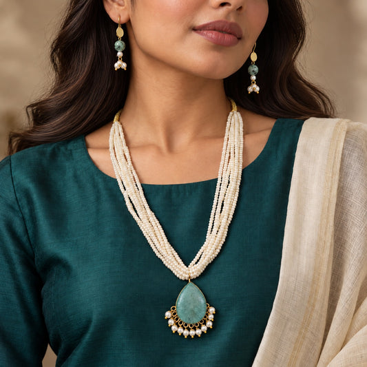 Niharika: Layered Pearl Necklace with Pendant and Earring