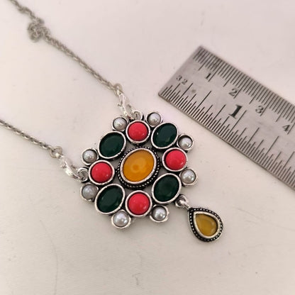 Zehra :  Multicolored Stone Studded Pendant and Earring Set