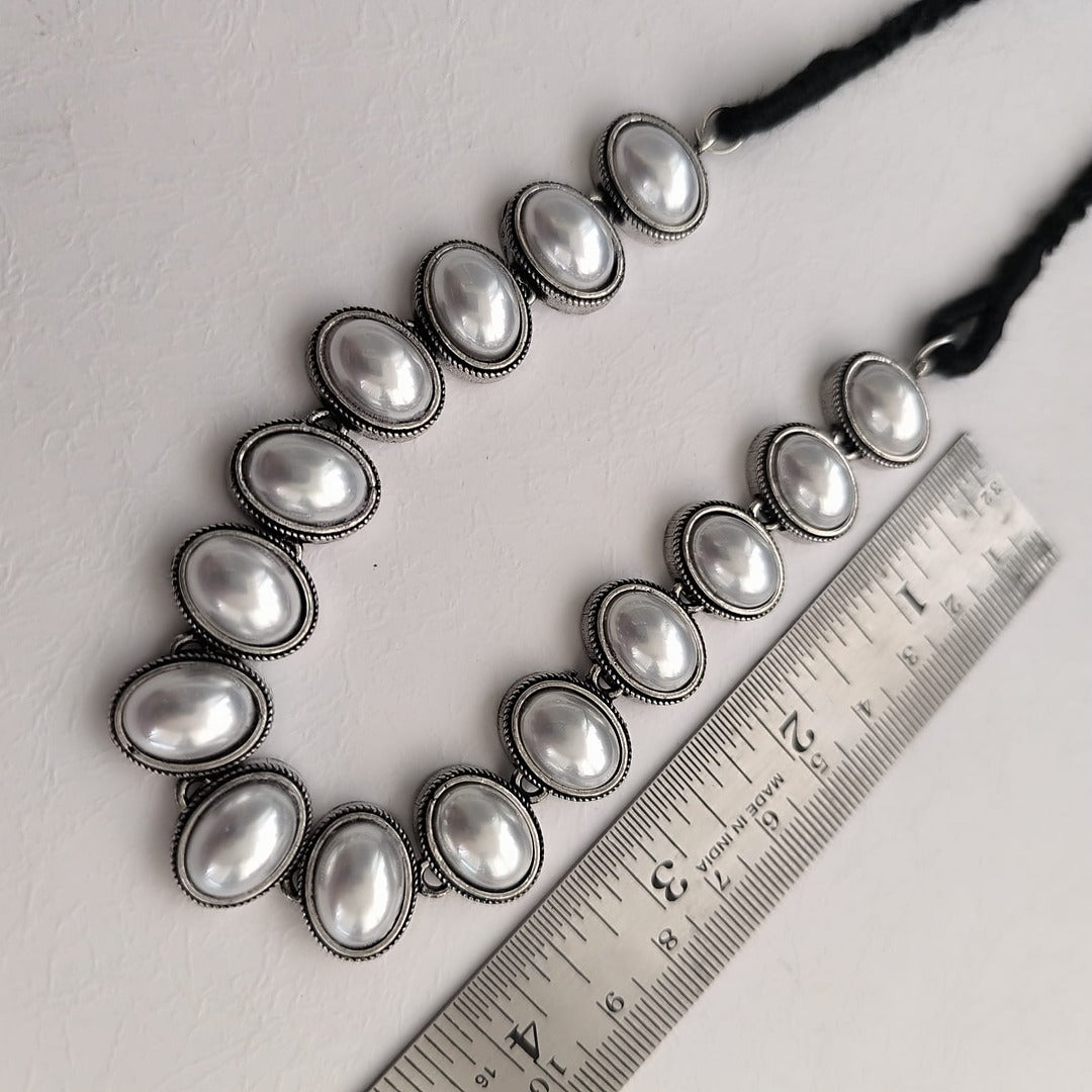 Victorian Grace: Silver Toned Oval Pearls Necklace and Earring Set