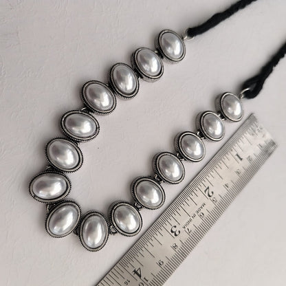 Victorian Grace: Silver Toned Oval Pearls Necklace and Earring Set