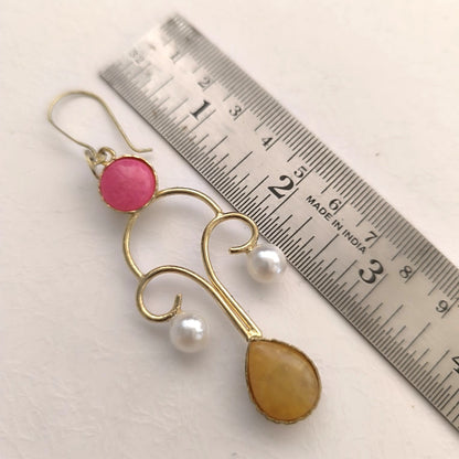 Kaira: Pink and Yellow Stone Brass Dangler Earring