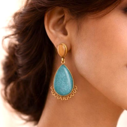 Teal Reverie: Teal and Amber Stone Dangler Brass Earring