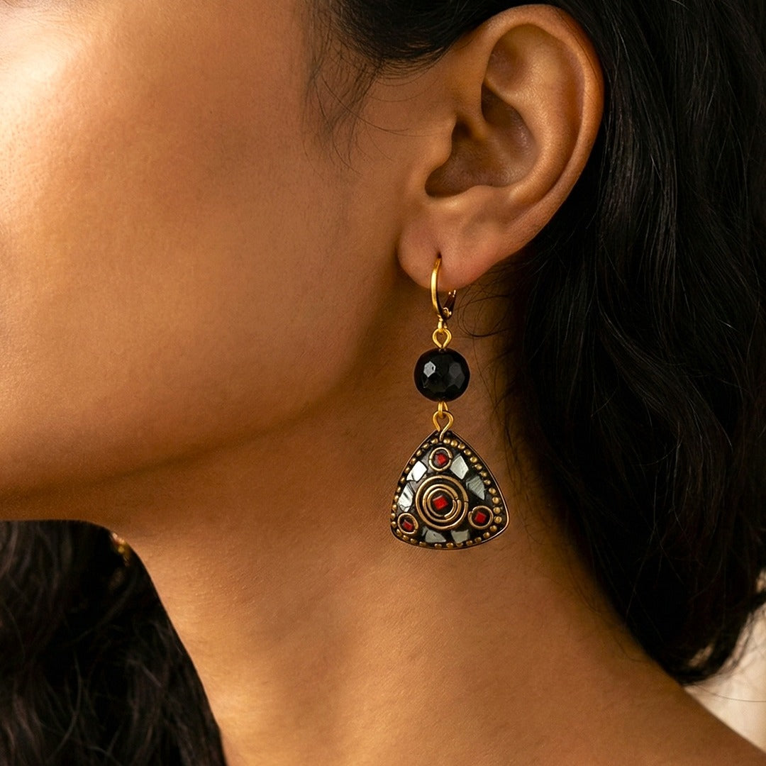 Mosaic Splendor: Triangular Tibetan Lac Earring